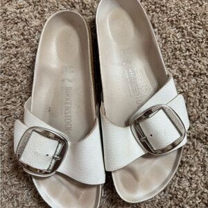 Birkenstock Women’s White Madrid Big Buckle Slide — Silver Buckles